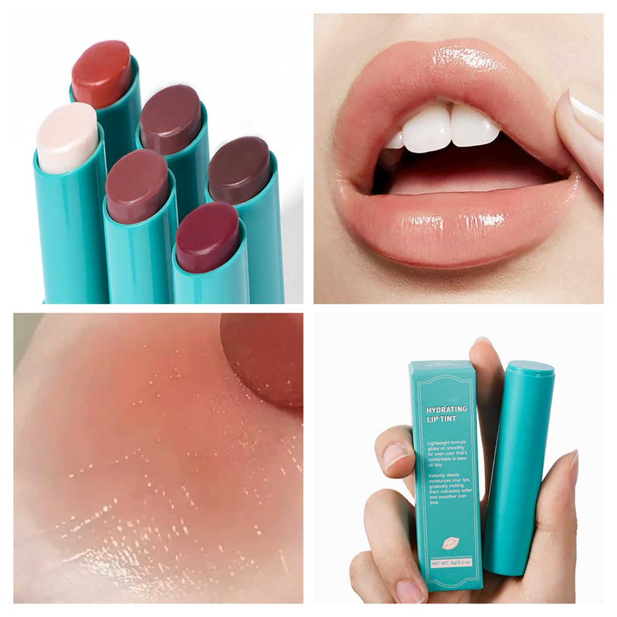 Tiejdhr shade range display features Peach Coral Warm Sienna Muted Rose Clear Shimmer.