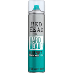 TIGI Bed Head Hard TM Hairspray bottle close-up for strong hold