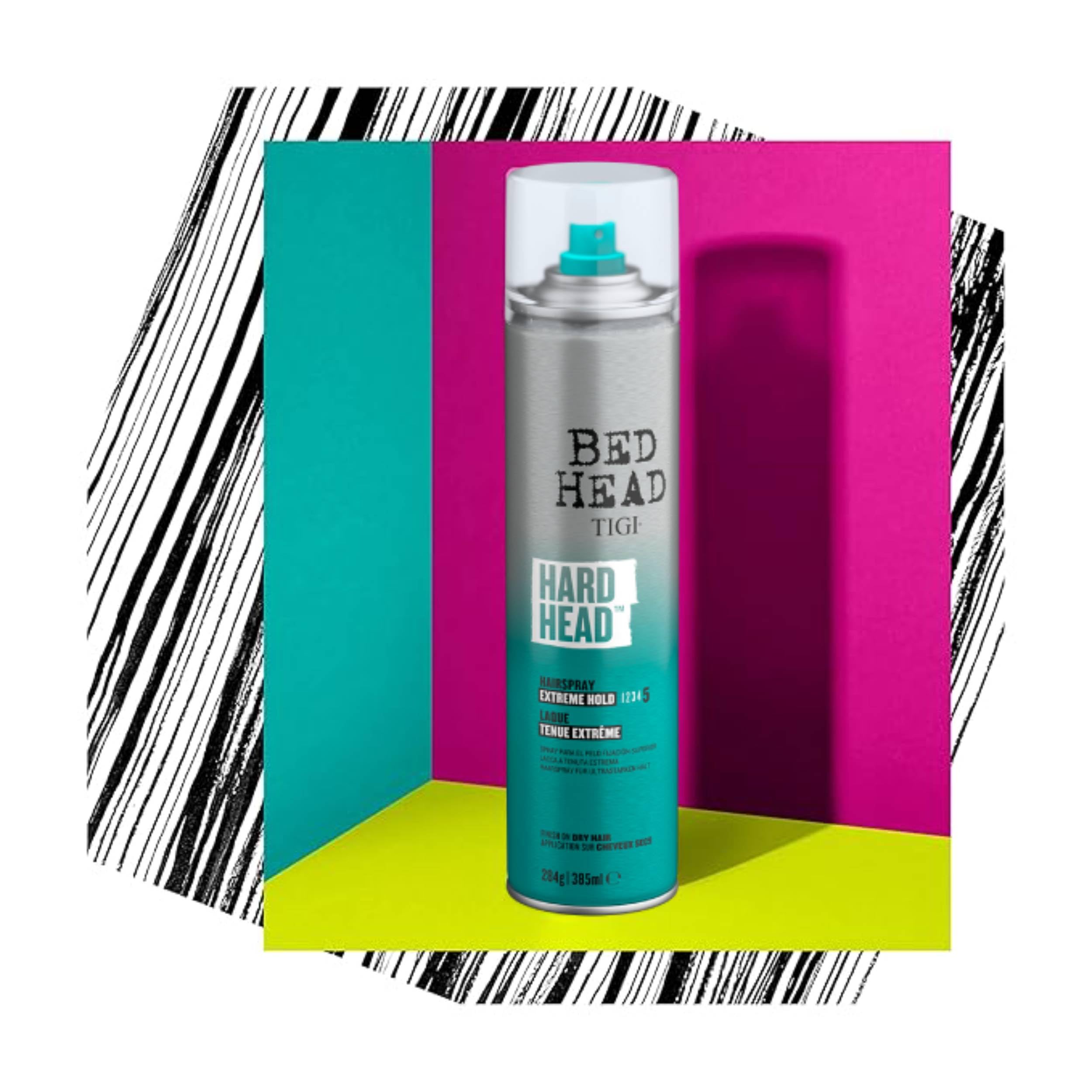 TIGI Bed Head Head Hard Hold Hair Spray 385ml gloss close-up emphasizes gloss reinforcement.