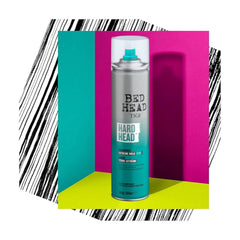 TIGI Bed Head Head Hard Hold Hair Spray 385ml gloss close-up emphasizes gloss reinforcement.