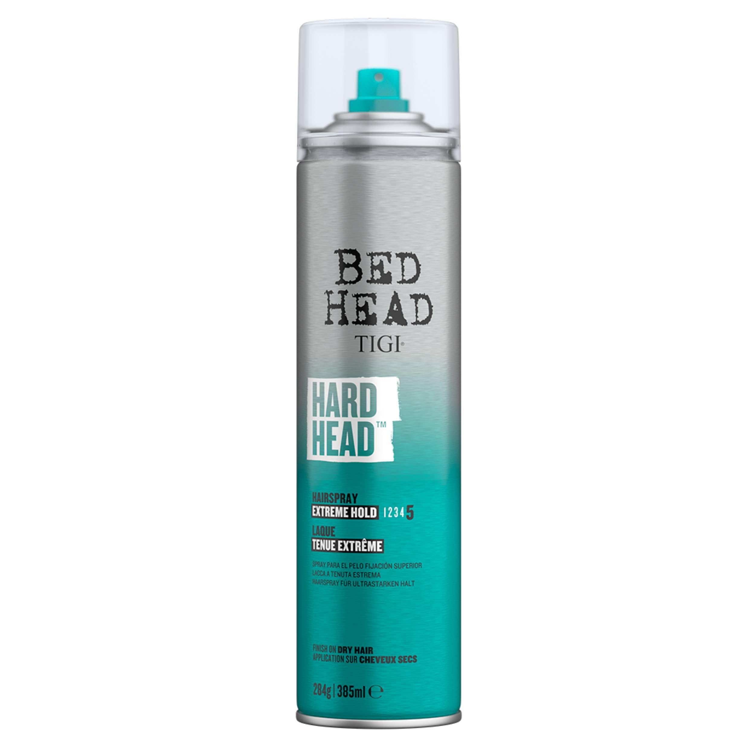 TIGI Bed Head Head Hard Hold Hair Spray 385ml packshot highlights strong hold and bottle design.