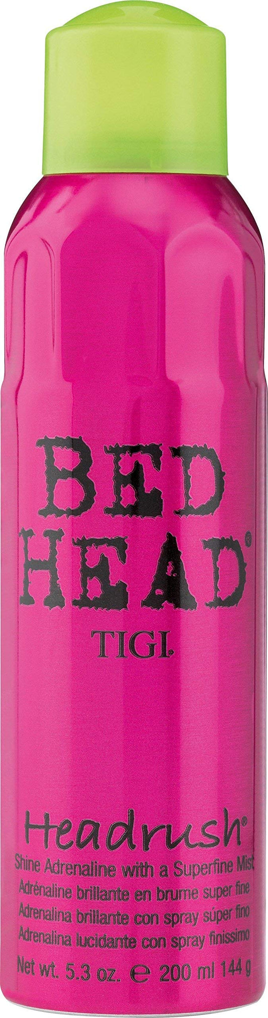 TIGI Bed Head Head Rush Shine Mist bottle glistening with glossy finish for smooth hair.