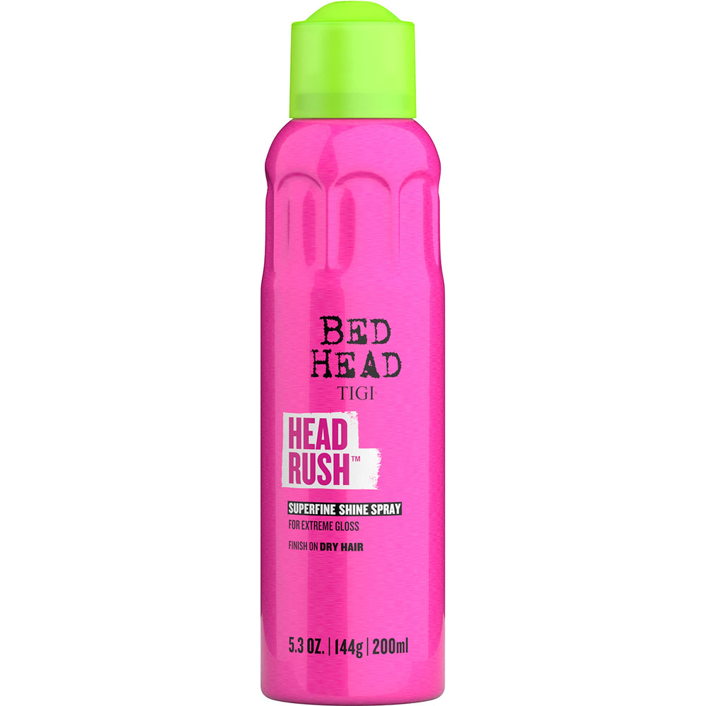 TIGI Bed Head Headrush Shine Spray can releasing a fine mist for glossy hair