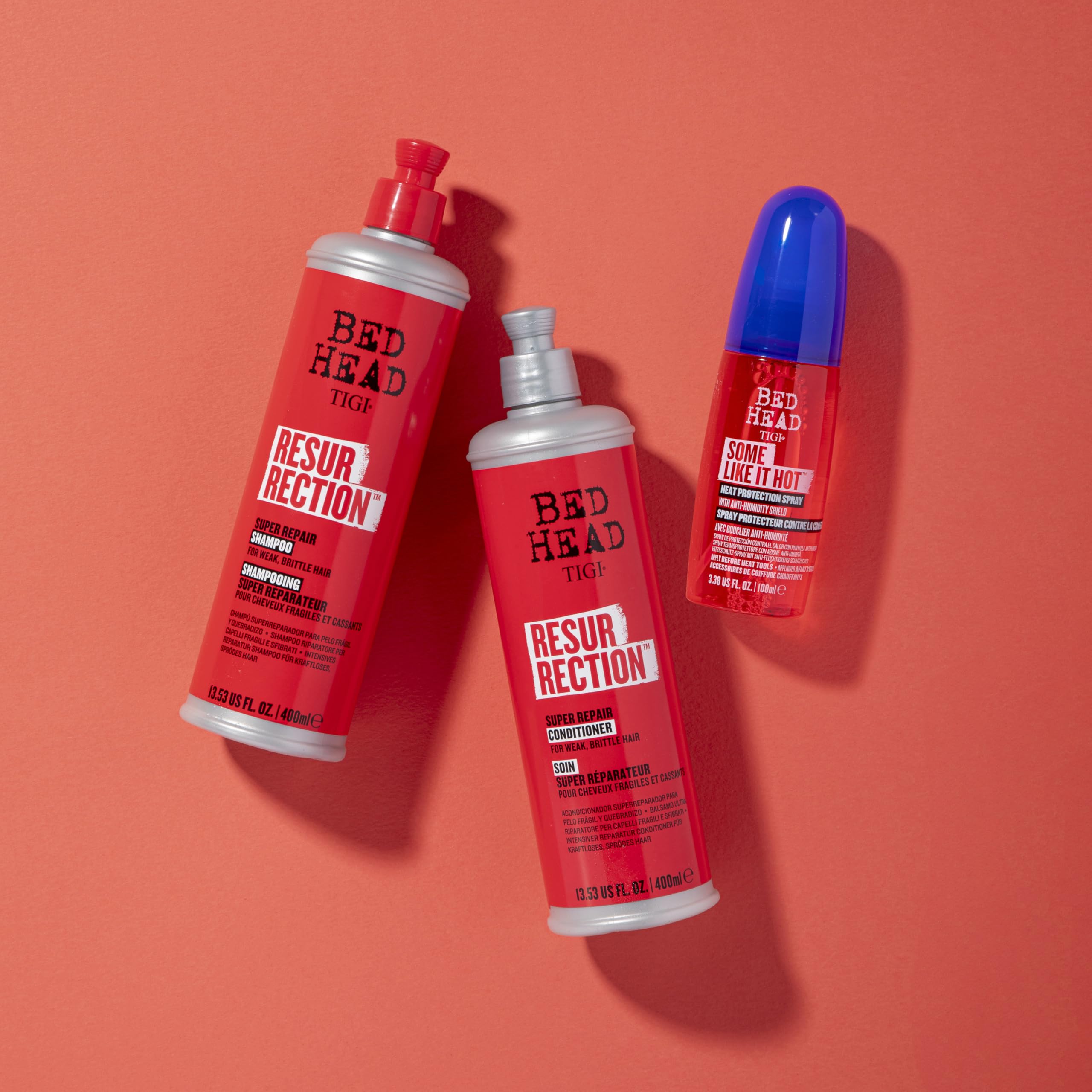 TIGI Bed Head Resurrection routine shot demonstrates shampoo and conditioner application.