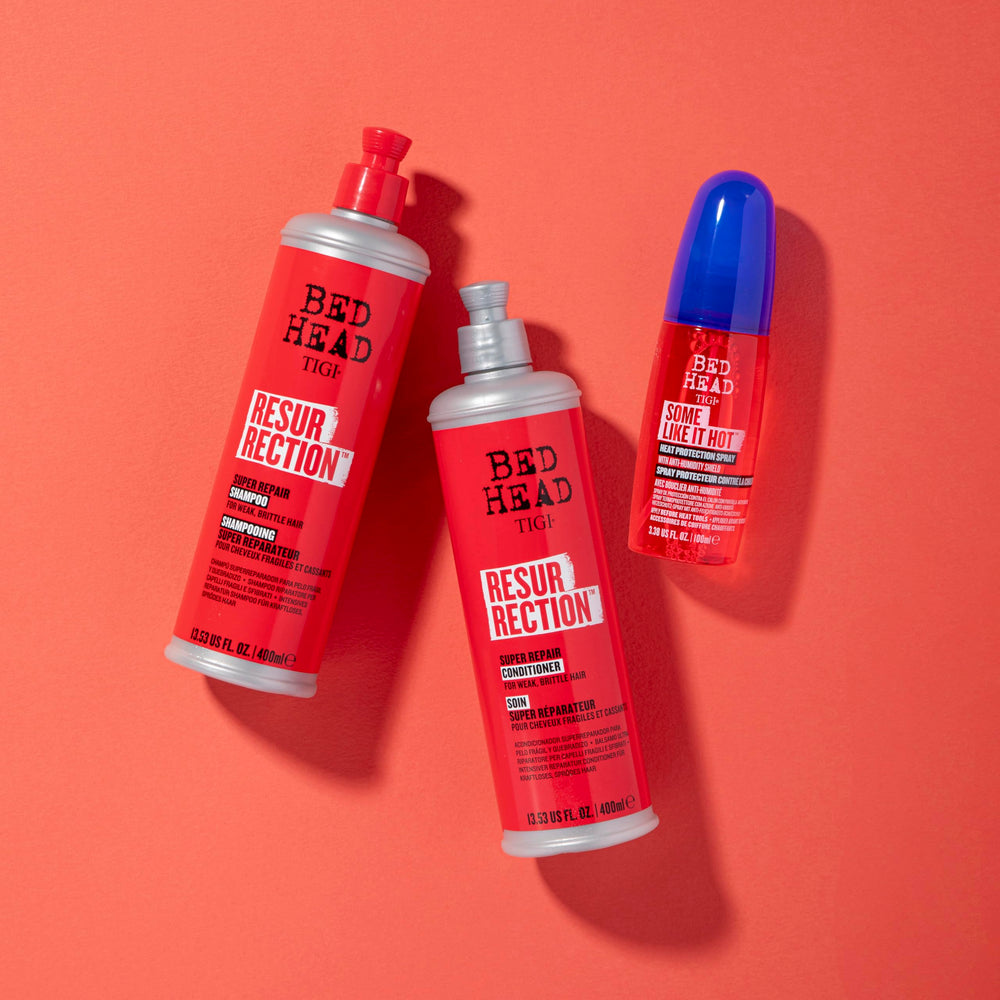 TIGI Bed Head Resurrection routine shot demonstrates shampoo and conditioner application.