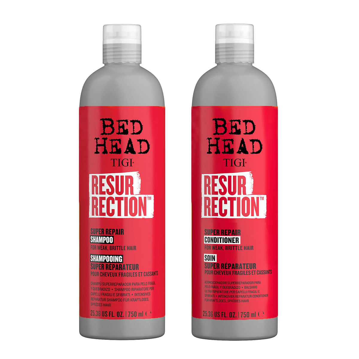 TIGI Bed Head Resurrection shampoo bottle for maximum-strength repair of dry, damaged hair.