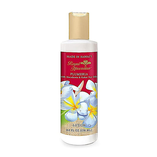 Tikimaster Royal Hawaiian Plumeria lotion bottle with hydrating oils for daily hydration.