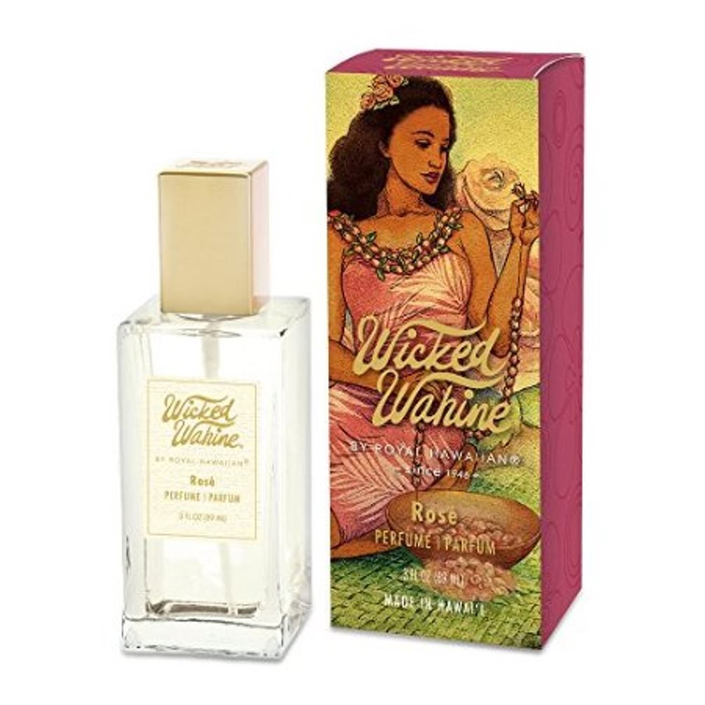 Tikimaster Wicked Wahine Rose perfume bottle with rose and jasmine notes for romantic evenings