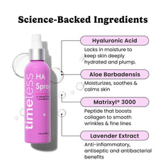 Timeless Skin Care HA Matrixyl 3000 Lavender Spray label showing soothing ingredients