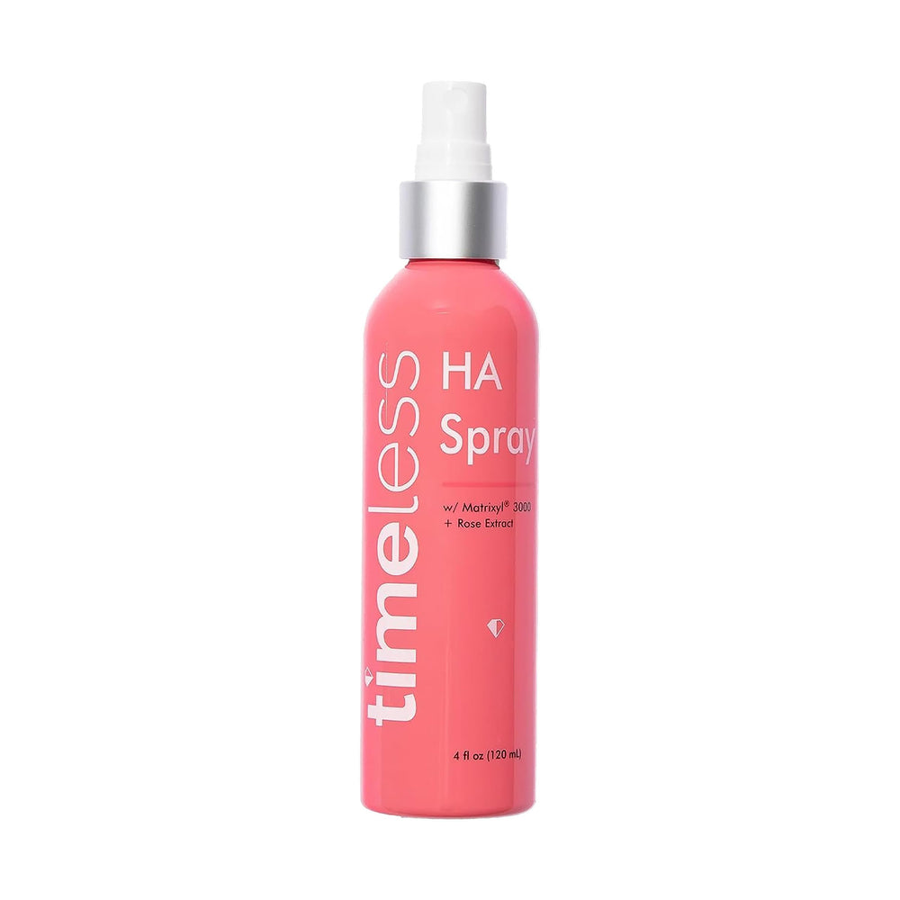 Timeless Skin Care HA Matrixyl 3000 Rose Spray bottle shows a compact hydrating mist for daily use.