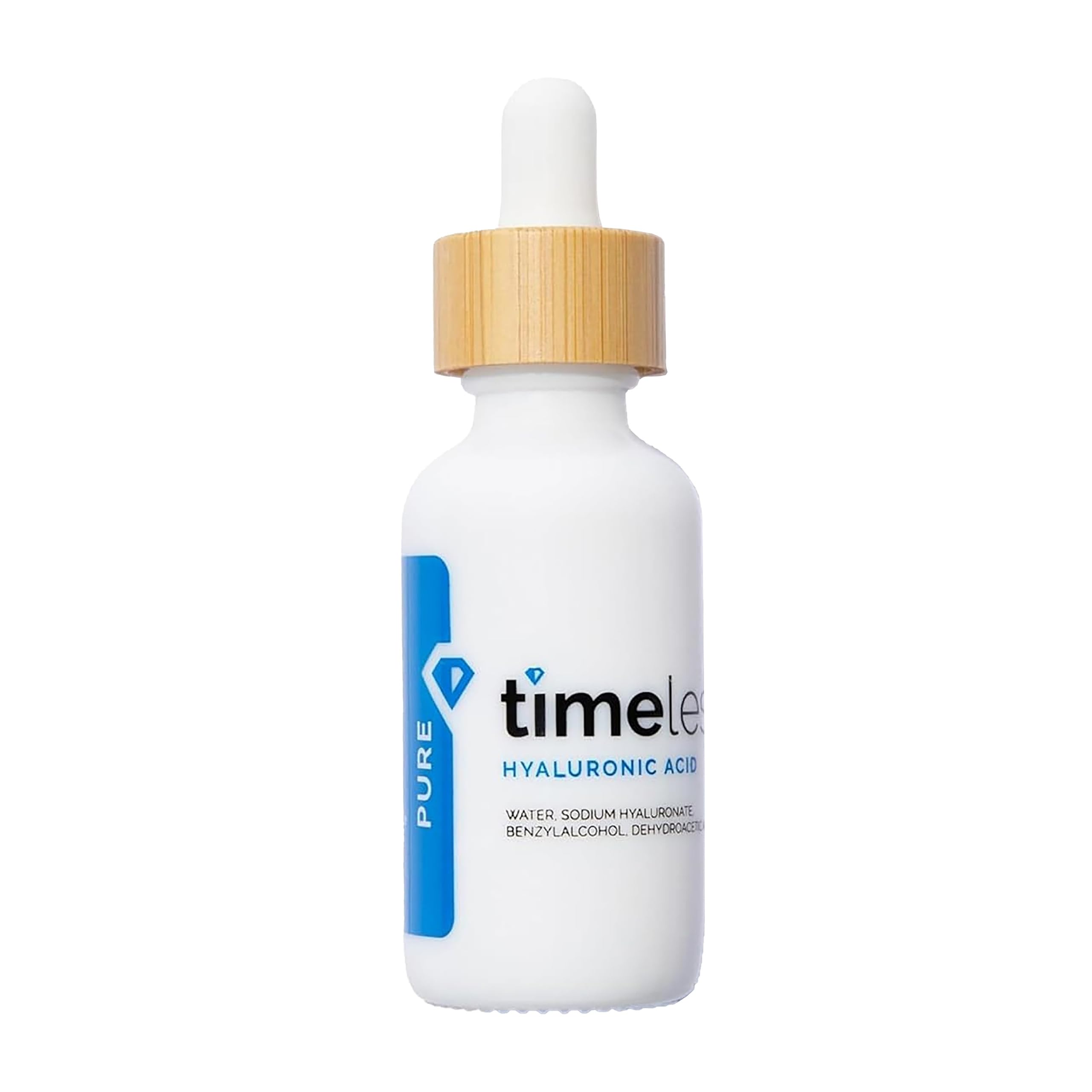 Timeless Skin Care hyaluronic serum bottle showing fragrance-free hydration for daily use.
