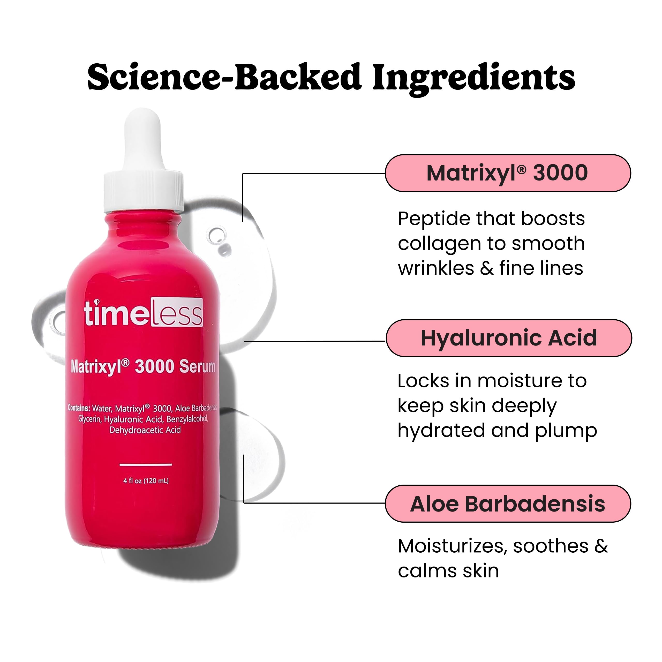 Timeless Skin Care Matrixyl 3000 Serum dropper dispensing for easy daily hydration.