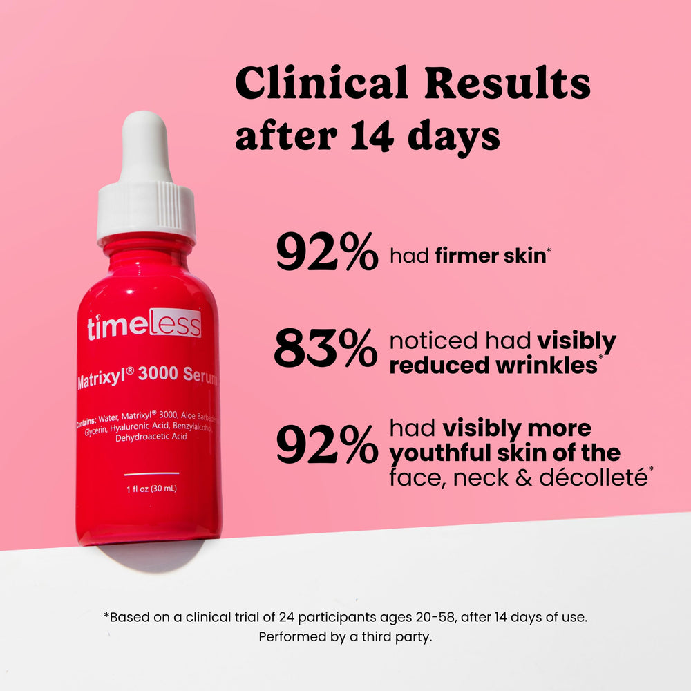 Timeless Skin Care Matrixyl 3000 Serum label close-up showing key ingredients