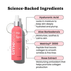 Timeless Skin Care HA Matrixyl 3000 Rose Spray mist being spritzed onto the face for refreshment.