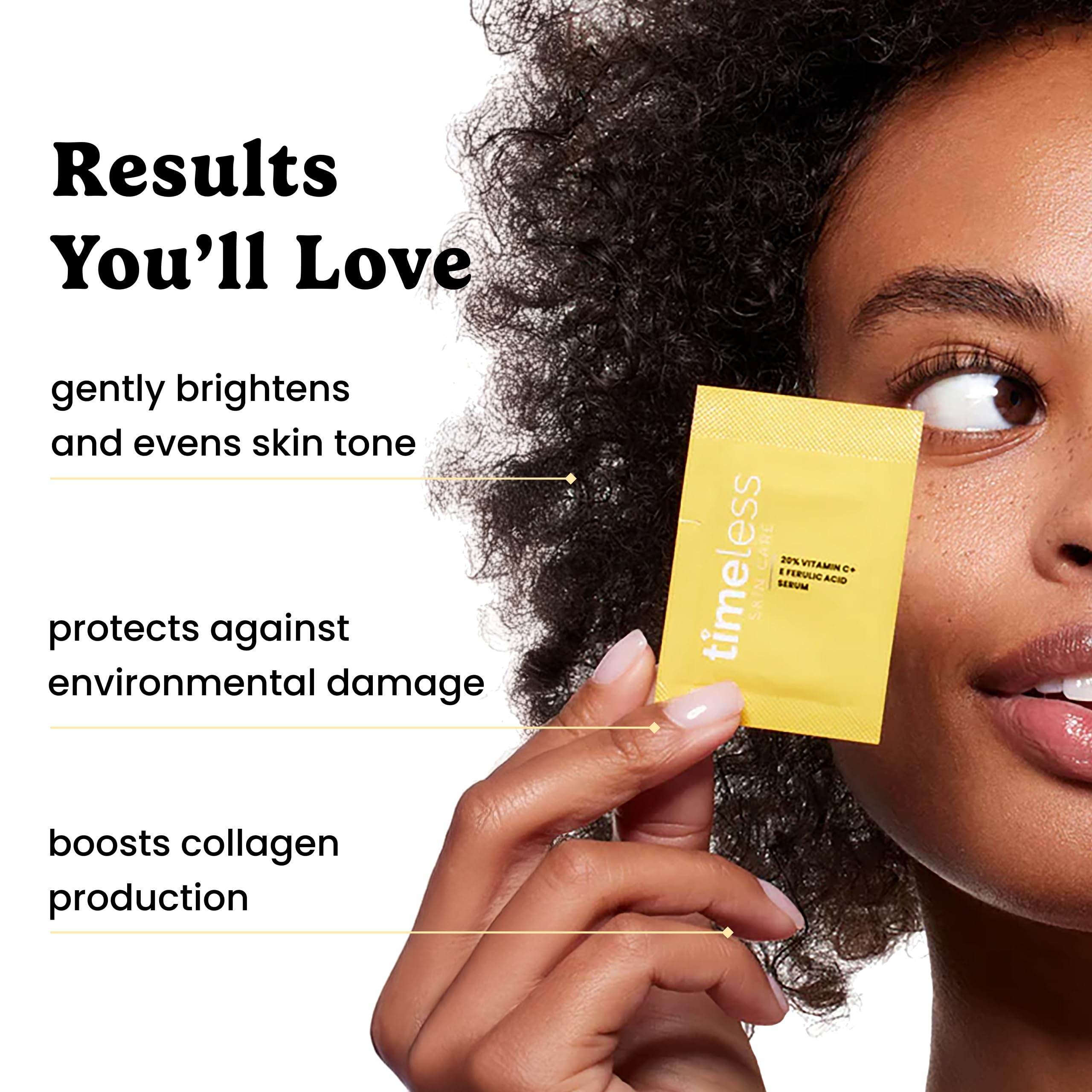 Timeless Skin Care Vitamin C Serum packaging pouch on counter for travel-friendly routine.