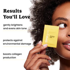 Timeless Skin Care Vitamin C Serum packaging pouch on counter for travel-friendly routine.