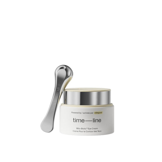 Timeline eye cream tube close-up showing soothing, barrier-supporting formula for delicate under-eye skin.