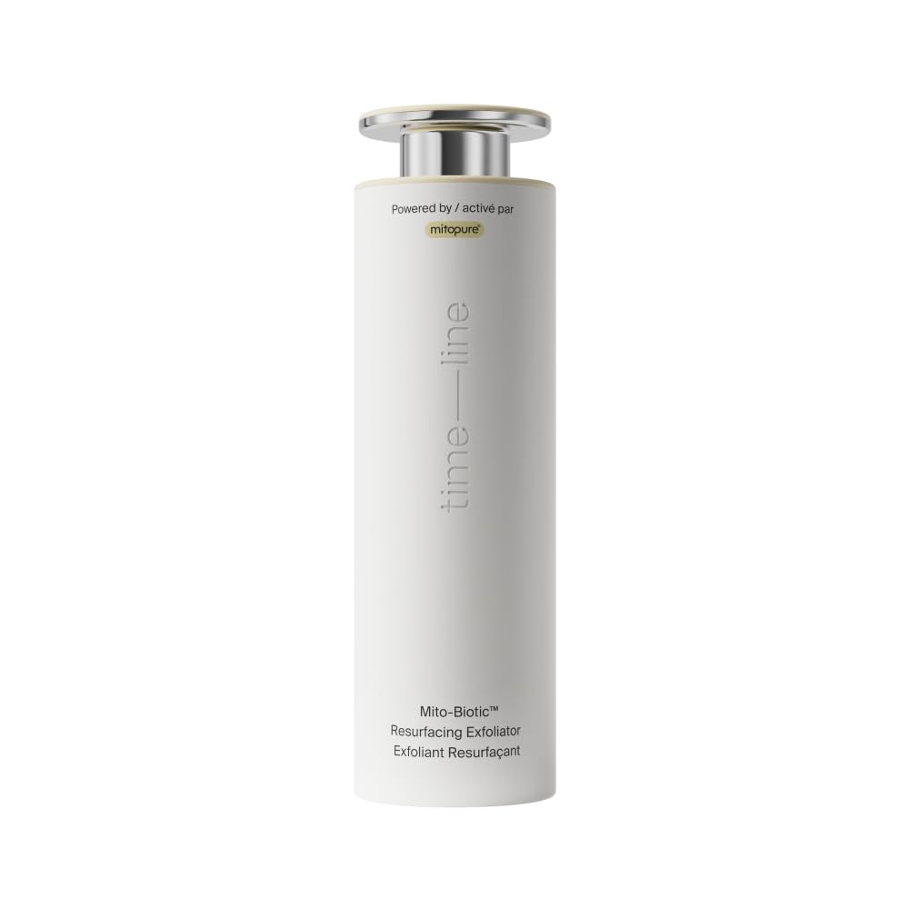 Timeline Mito-Biotic Exfoliator bottle close-up shows premium packaging and skin-renewal potential.