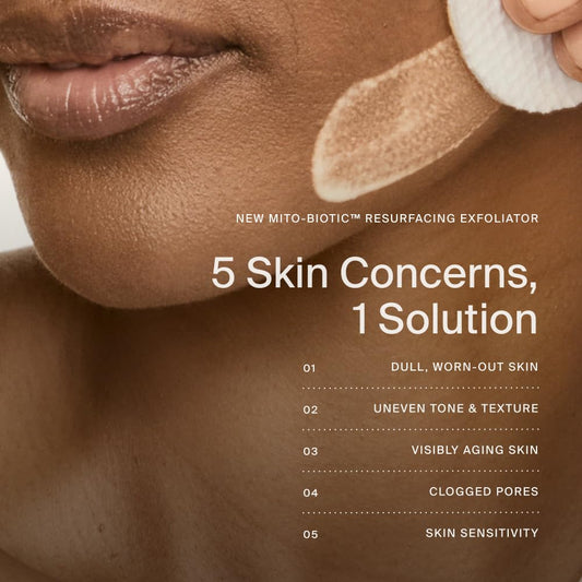 Timeline Mito-Biotic Exfoliator texture close-up hints at refined skin surface.