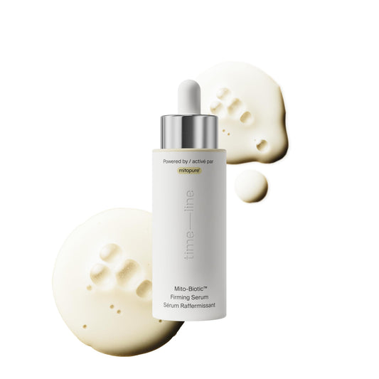Timeline Mito-Biotic serum bottle close-up showing hydration and glow