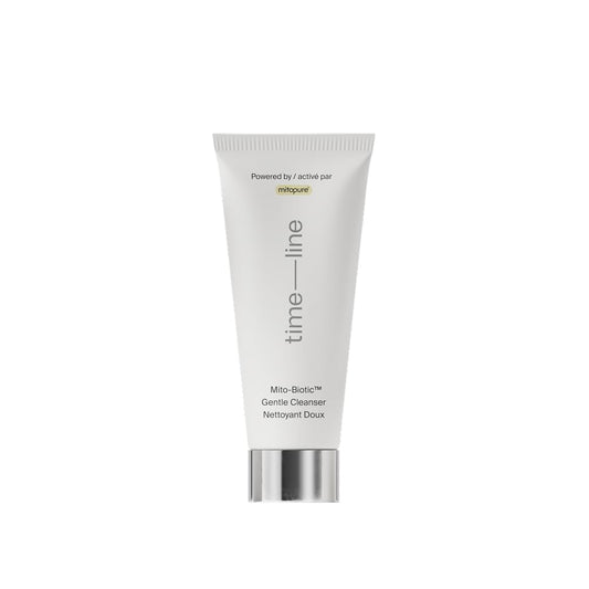 Timeline Mito-Biotic Travel Cleanser bottle front highlighting gentle makeup removal and travel-friendly size.