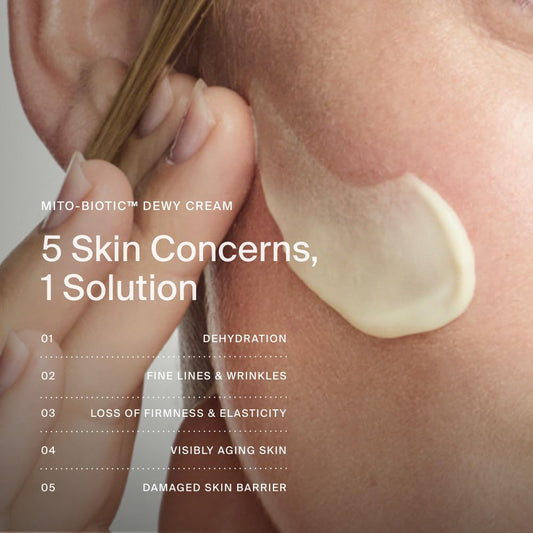Texture swatch of Timeline Mito-Biotic dewy cream showing sheer moisture and glow.