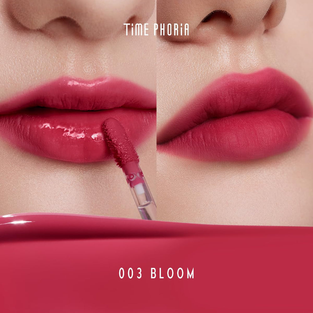 Timephoria Altera Lip Tint 003 Bloom lips glistening with reddish pink shade