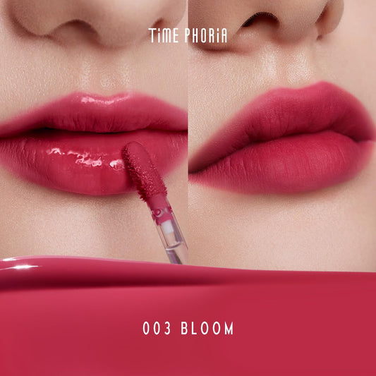 Timephoria Altera Lip Tint 003 Bloom lips glistening with reddish pink shade