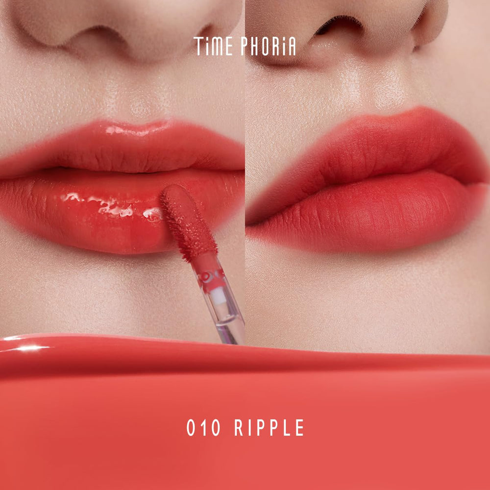TIMEPHORIA Altera Lip Tint 010 Ripple application swirls for glossy-to-matte transition