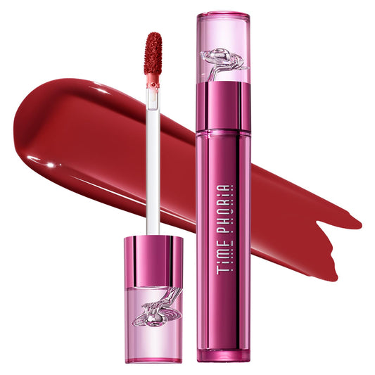 TIMEPHORIA Altera Lip Tint 002 Burst bottle closeup with bold red shade for on-the-go style