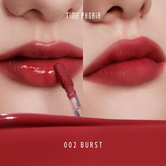 TIMEPHORIA Altera Lip Tint 002 Burst lip swatch shows glossy-to-matte transition for versatile looks