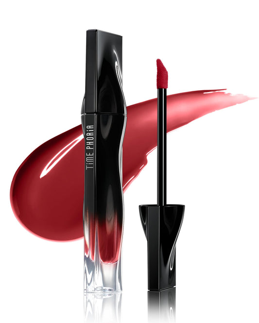 TIMEPHORIA Stellar Dust Lip Stain 09 Enigma close-up shows deep red-brown gloss for bold looks.