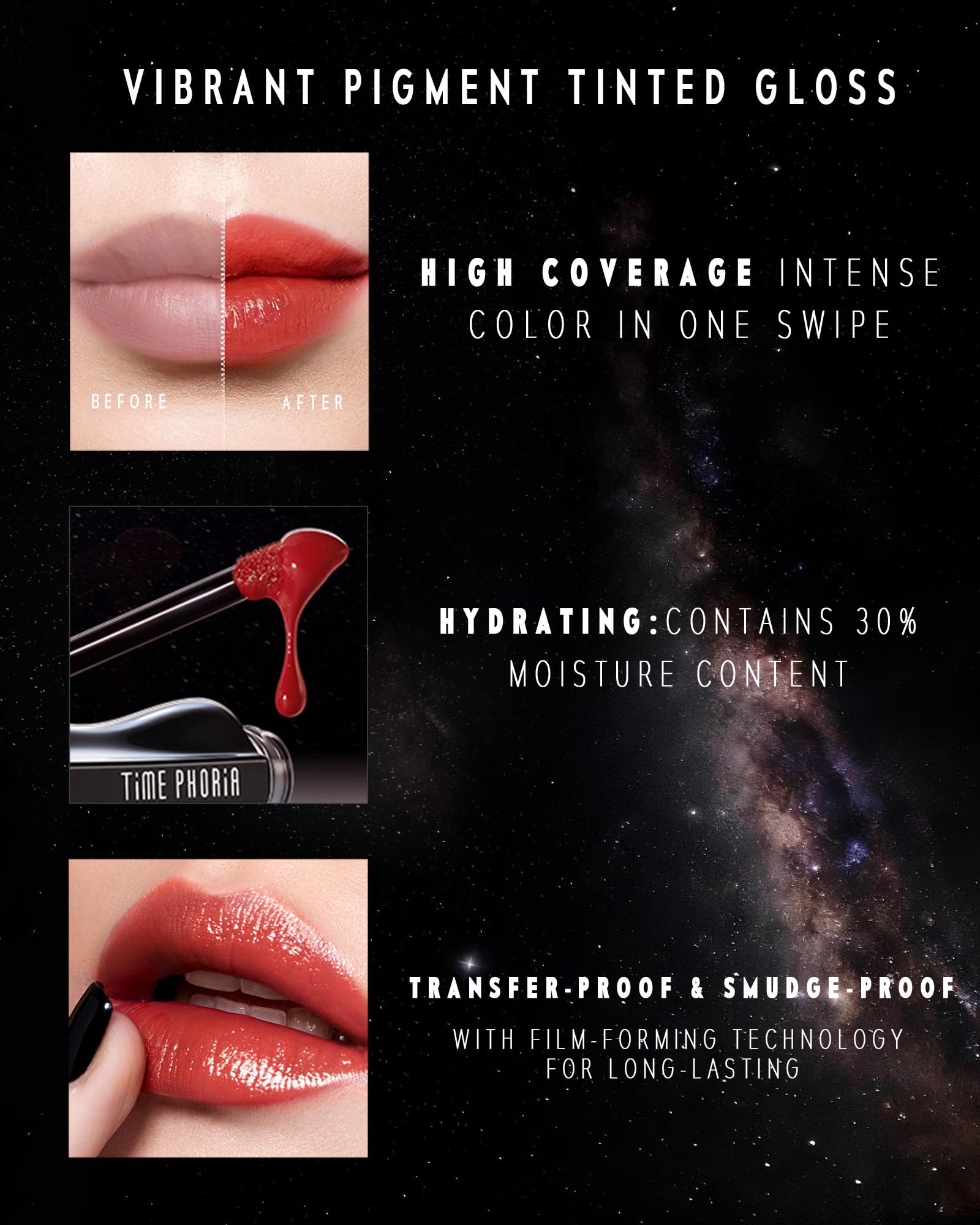 TIMEPHORIA Stellar Dust Lip Stain 09 Enigma long-lasting color with lightweight, breathable feel.