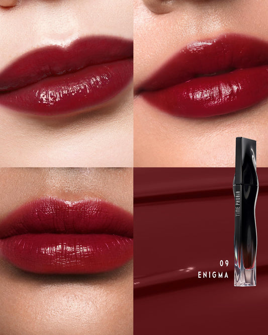 TIMEPHORIA Stellar Dust Lip Stain 09 Enigma swatches reveal vibrant, buildable color.