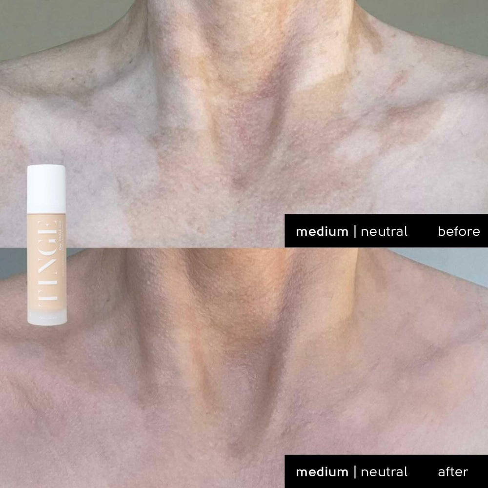 TINGE Body Makeup finger application highlights easy blending on clean skin