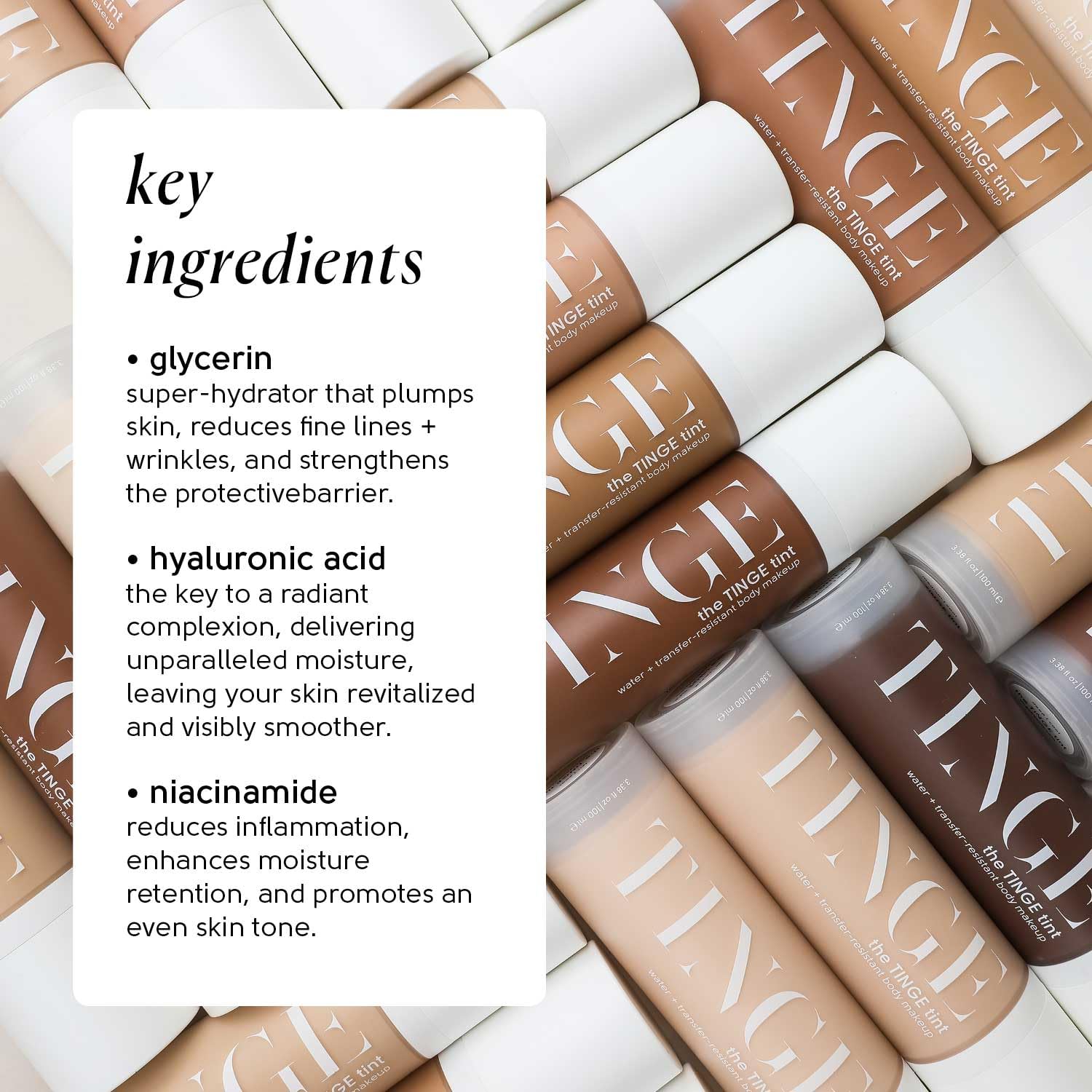 TINGE Body Makeup fragrance-free formula supports sensitive skin comfort