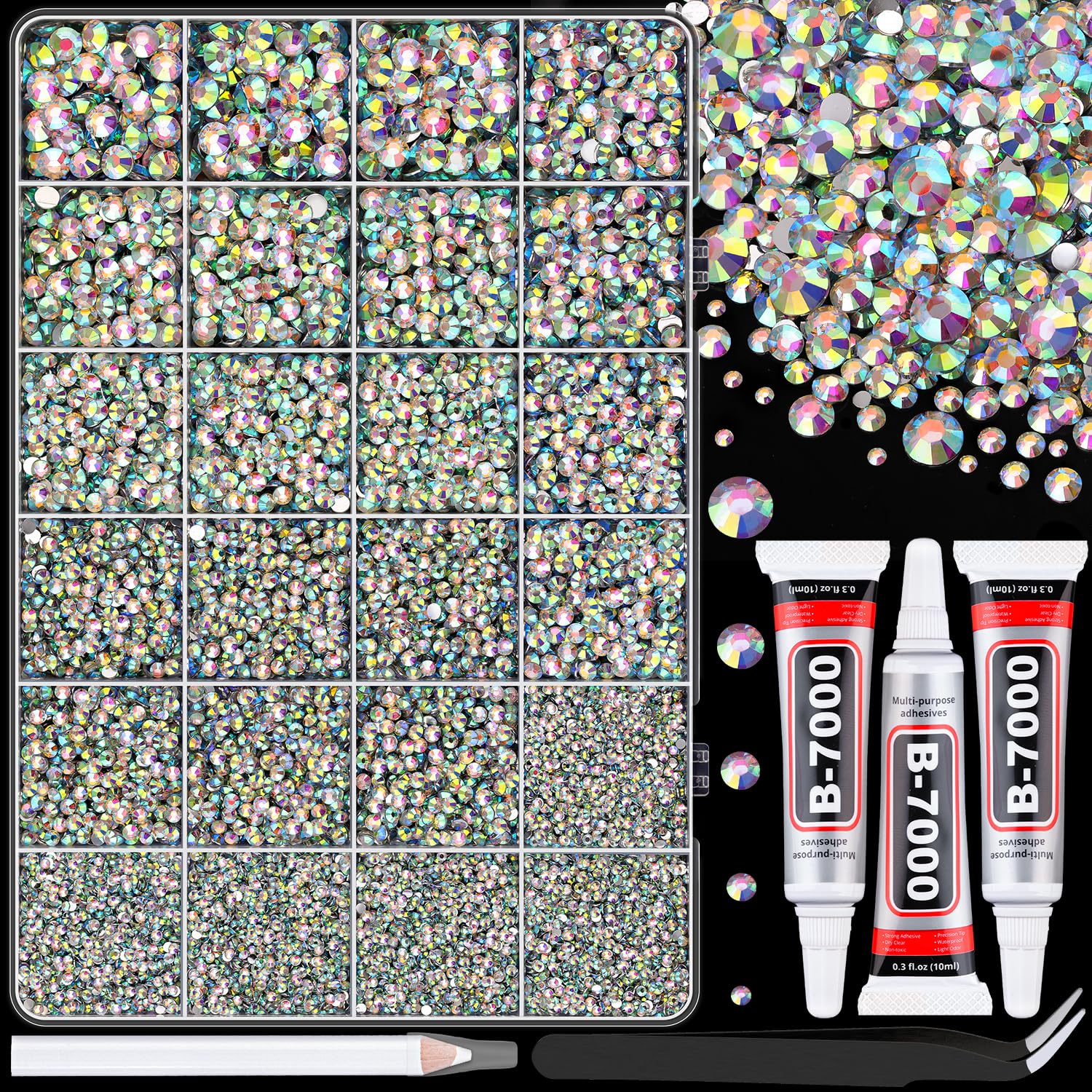 TINKRSTUFF resin rhinestones in a 24-grid box for versatile crafting projects.