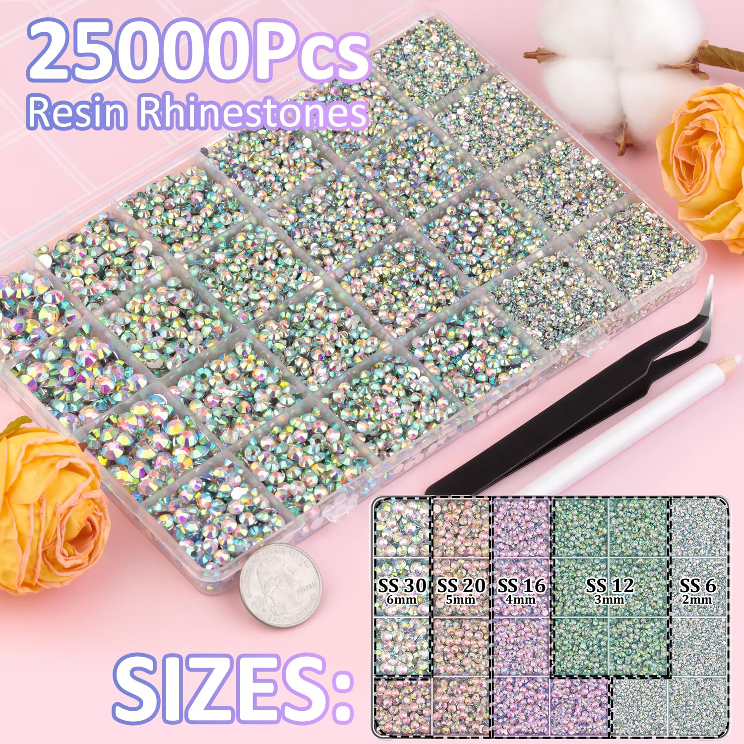 TINKRSTUFF resin rhinestones with included tweezers for easy gem pickup during nail art.