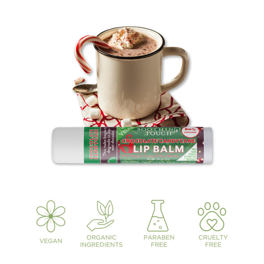 Tiny Seed Chocolate Candy Cane lip balms trio on a clean surface