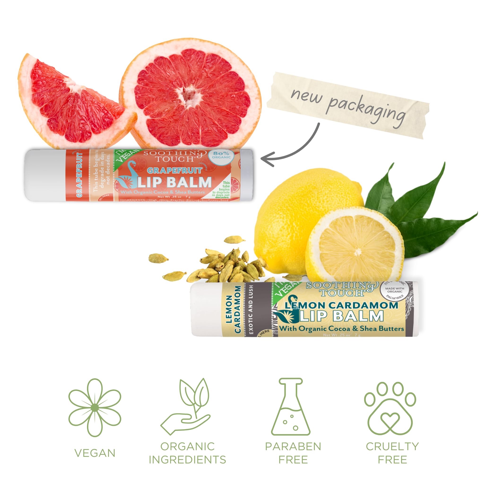 TINY SEED Lemon Cardamom lip balm tube; bright citrus flavor with conditioning