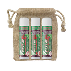 Tiny Seed lip balm tubes against a winter backdrop for holidays