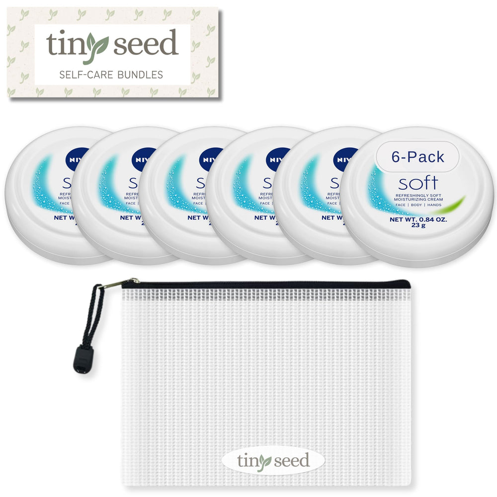 Tiny Seed Travel Kit with six Nivea Soft Cream jars for on-the-go hydration.