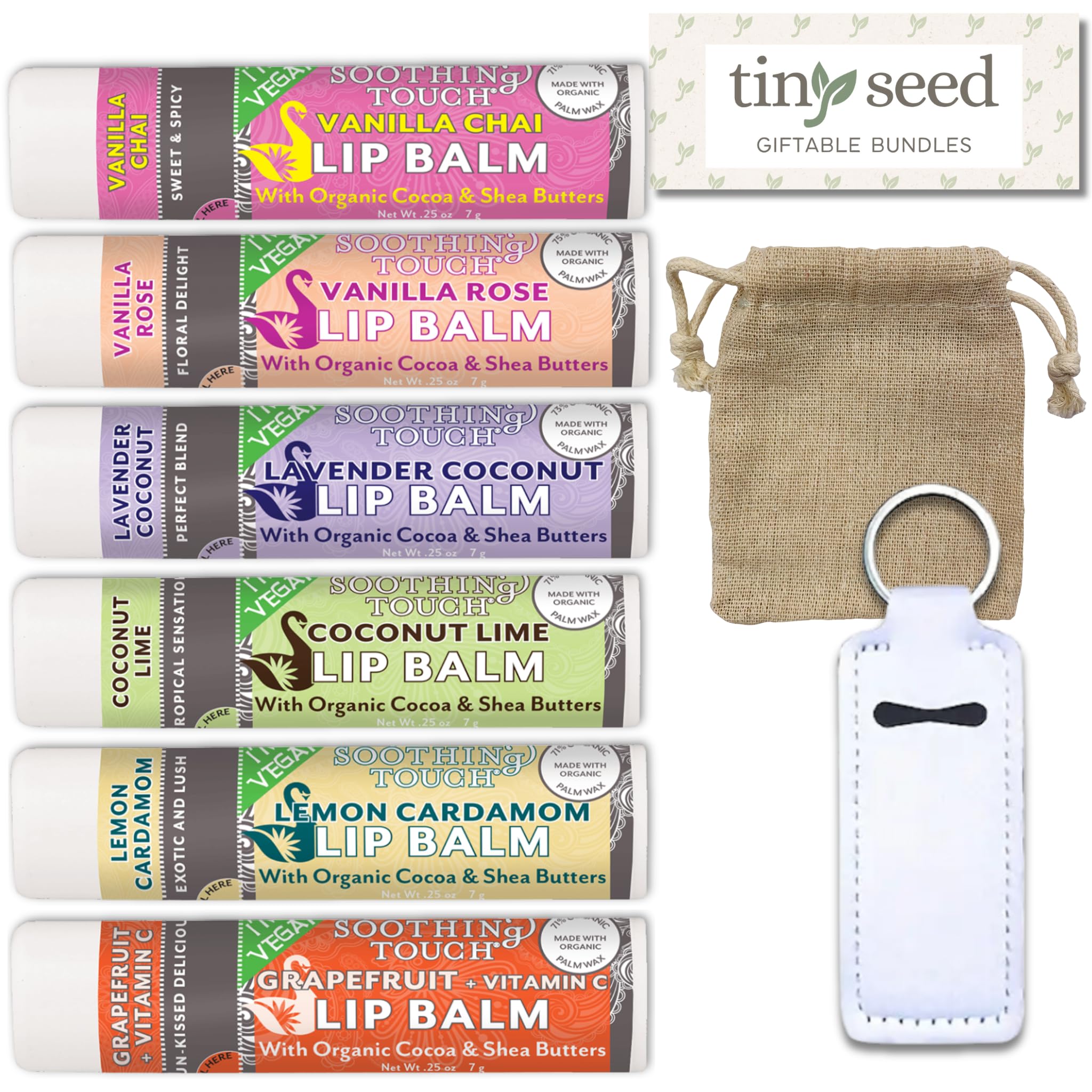 Tiny Seed vegan lip balm set front view with six flavors for daily lip care