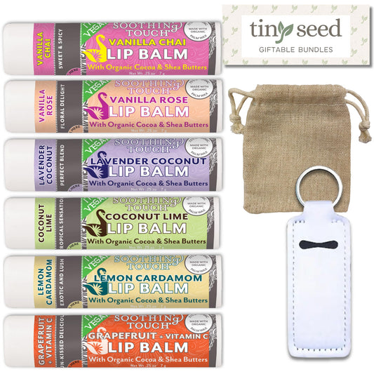 Tiny Seed vegan lip balm set front view with six flavors for daily lip care