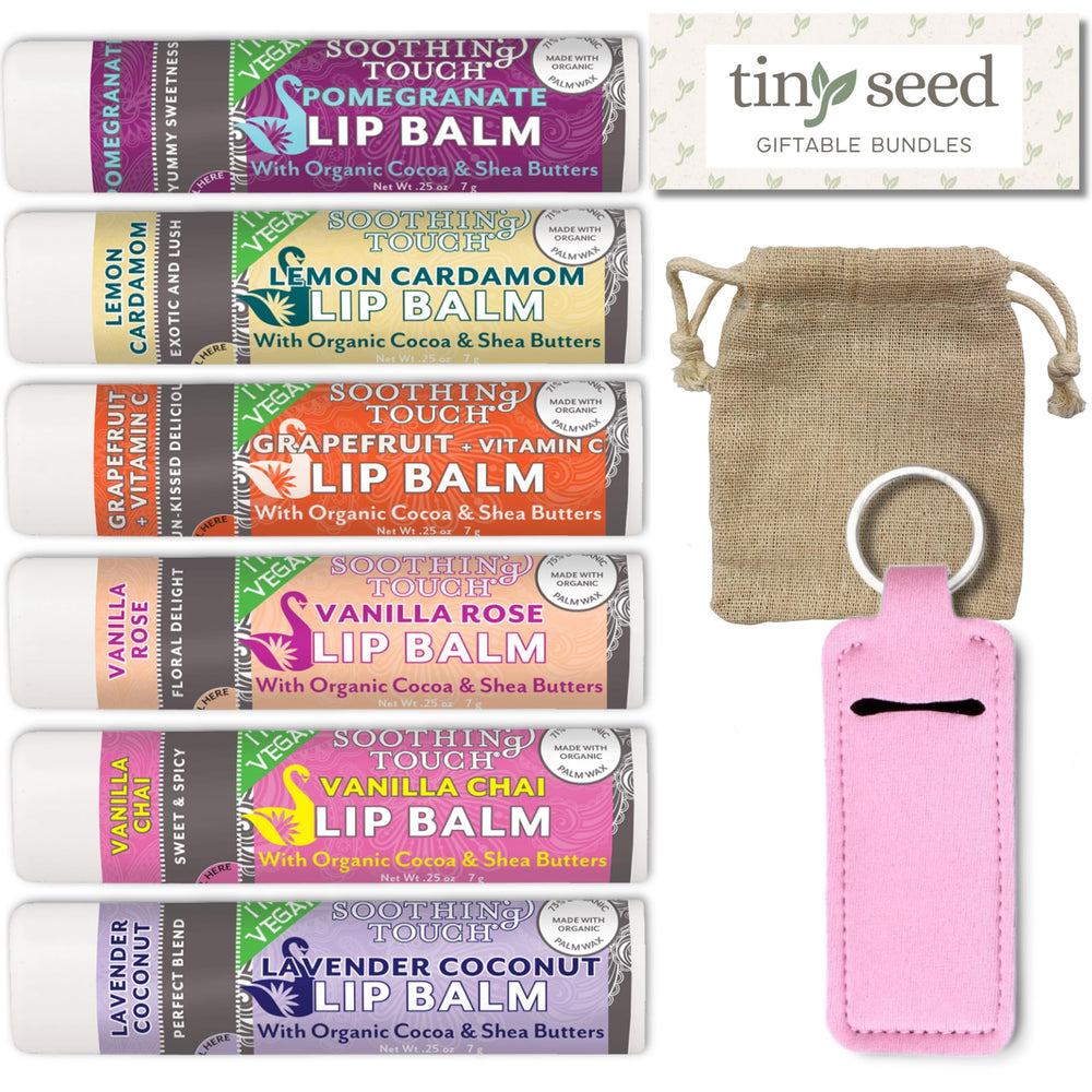 Tiny Seed vegan lip balm set with muslin pouch for easy storage and gifting