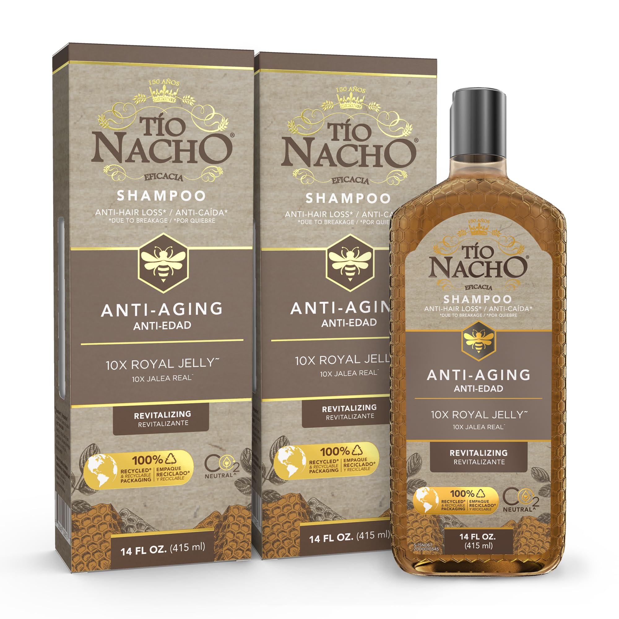 Tio Nacho Anti-Aging Shampoo bottle front showing rejuvenating formula for aging hair.