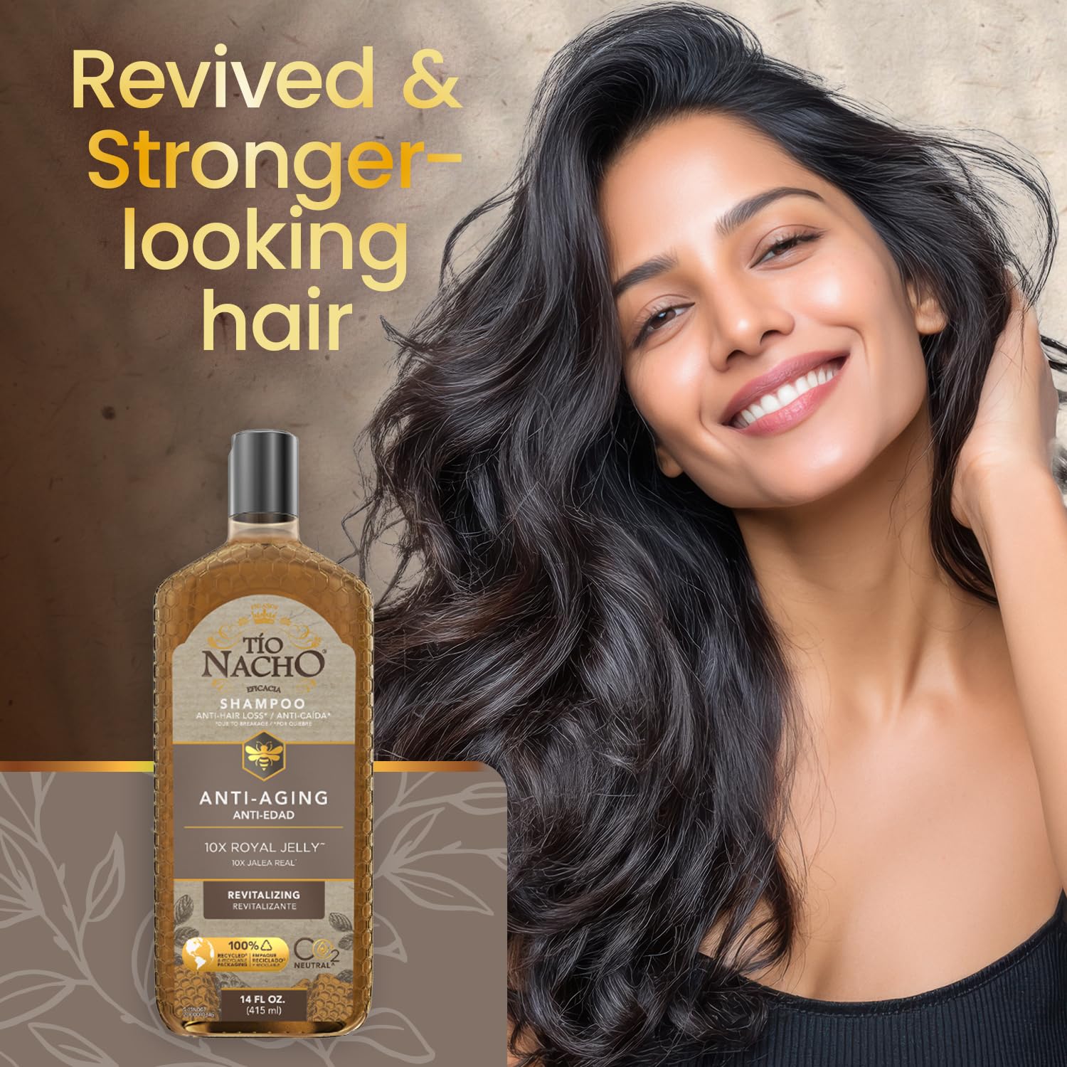 Tio Nacho Anti-Aging Shampoo wheat-ginseng-aloe essence image emphasizes natural extract blend.