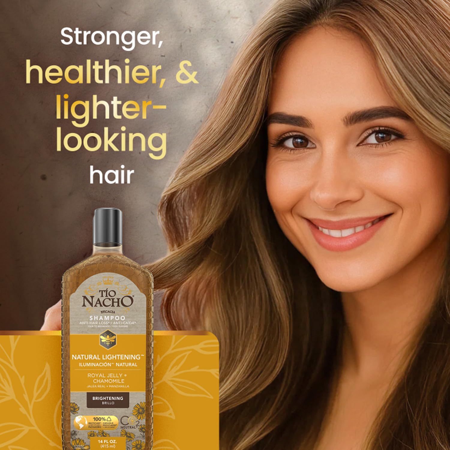 Tio Nacho Chamomile extract closeup emphasizing hair brightening and softening effects.