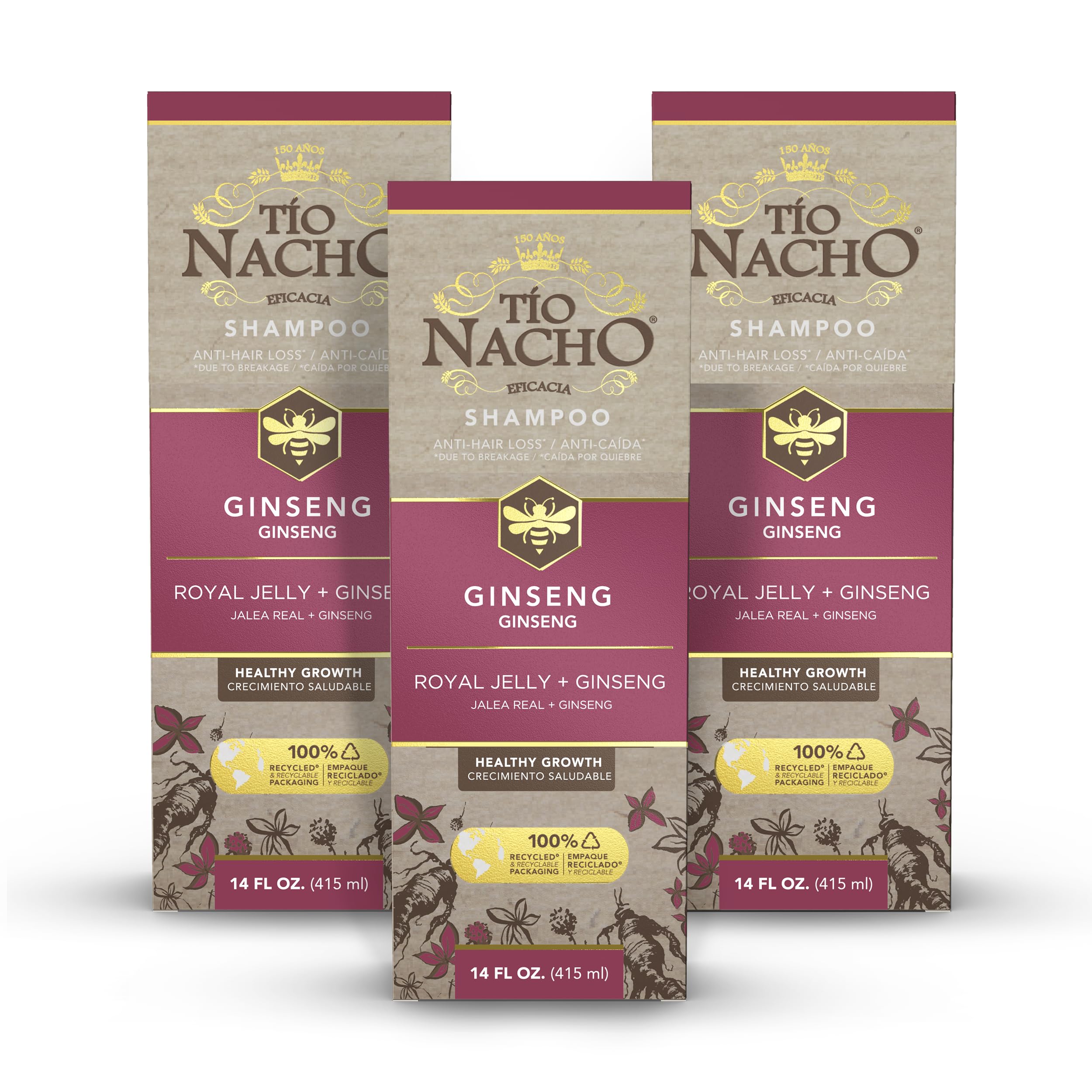 Tio Nacho ginseng shampoo bottle on shelf promotes hair growth.