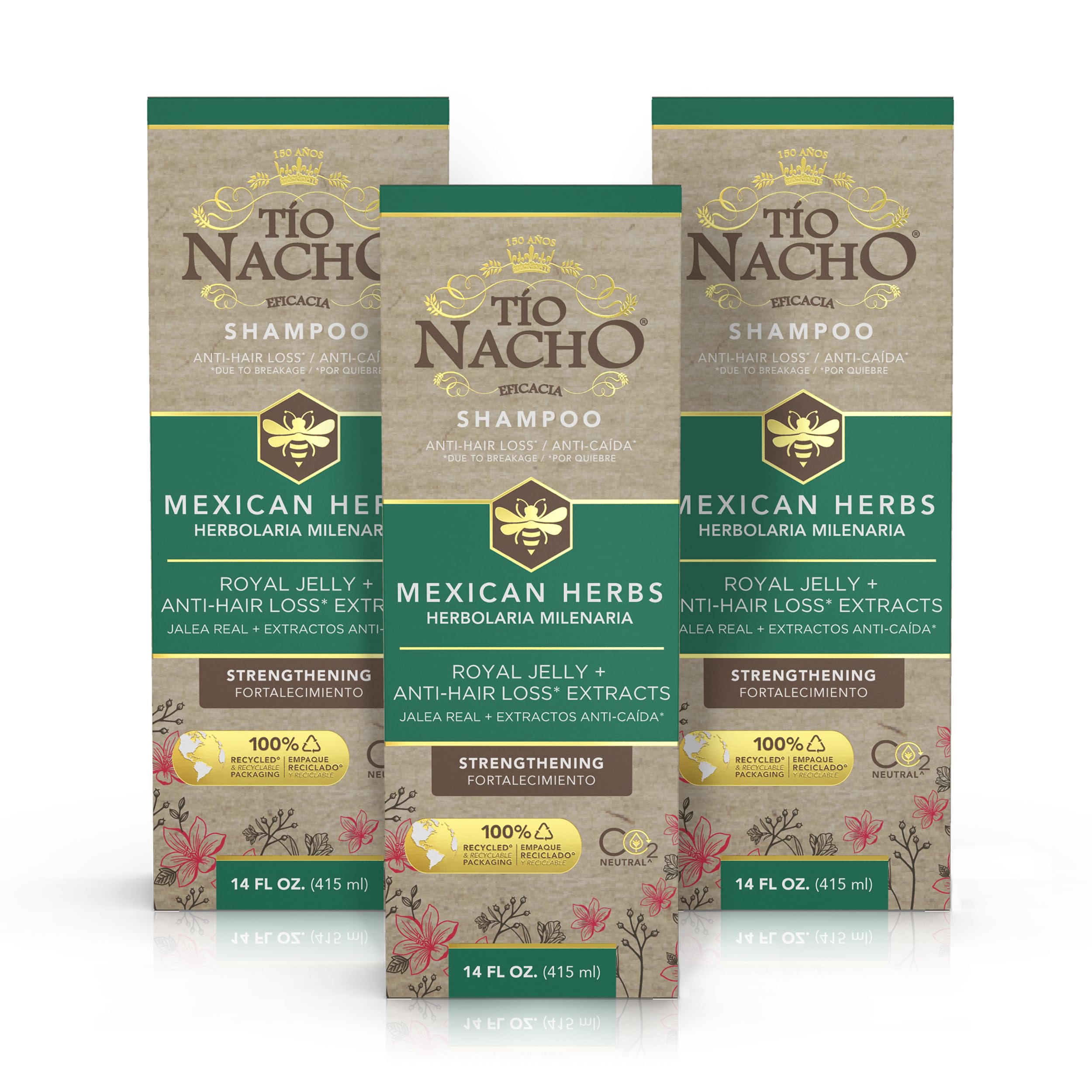 Tio Nacho anti-hair loss shampoo bottle with rosemary and royal jelly for stronger roots.